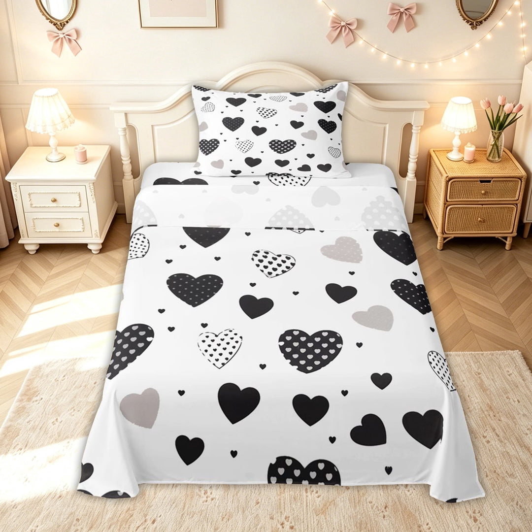 meiyoeat Modern Love Heart Bed Sheets for Kids Girls, Cartoon Plaid Full Size Sheets for Bedroom, Black White, 4-Piece