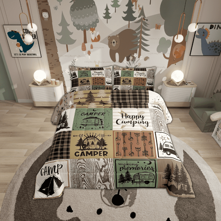 Erosebridal Happy Camping Comforter Set Rustic Cabin Camper Queen Bedding Sets Rv Car Accessories For Travel Trailers Patchwork Buffalo Plaid Arrow Pine Trees Down Comforter Travel Adventure Quilt