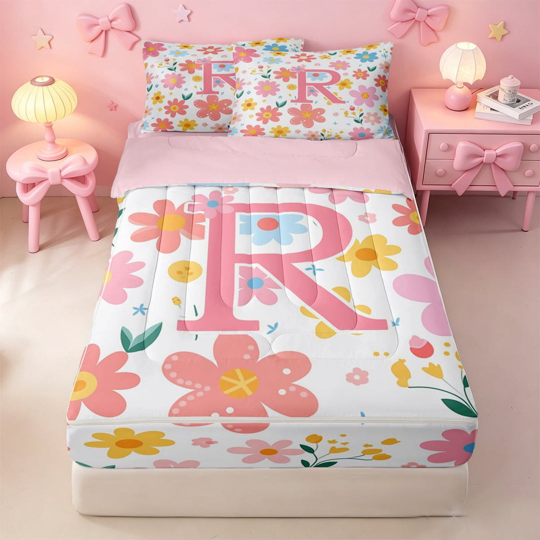 meiyoeat Cartoon Blossom Alphabet R Zipper Full Size Comforter Sets with Fitted Sheet and 2 Pillowcases For Girls, Cute Floral Pattern Zipper Bedding Set For Kids,pink Reversible,4 Pieces