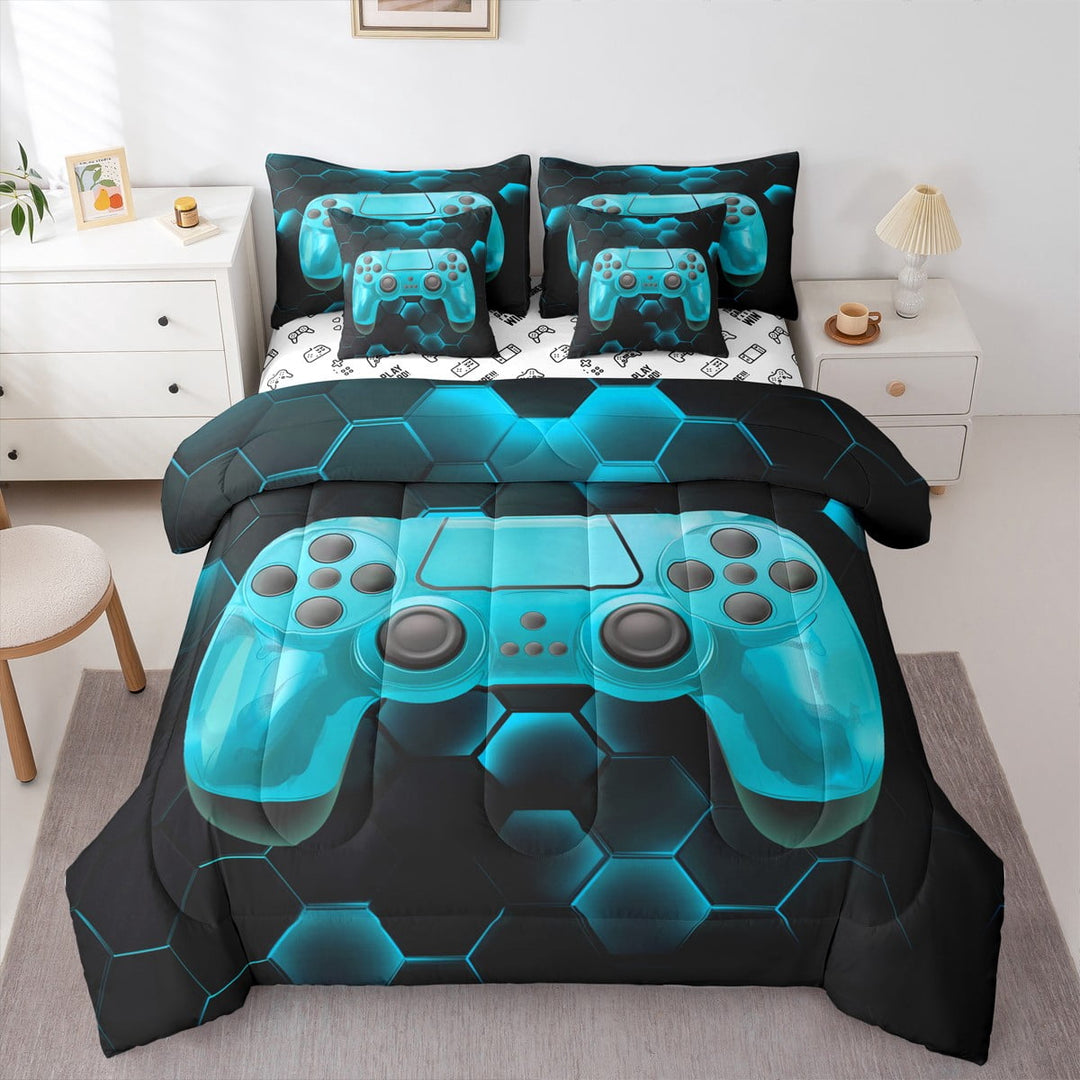 Erosebridal Vintage Gamepad Bedding Sets Twin Size, Neon Blue Comforter Sets with Sheets, Honeycomb Geometry Decor, Reversible