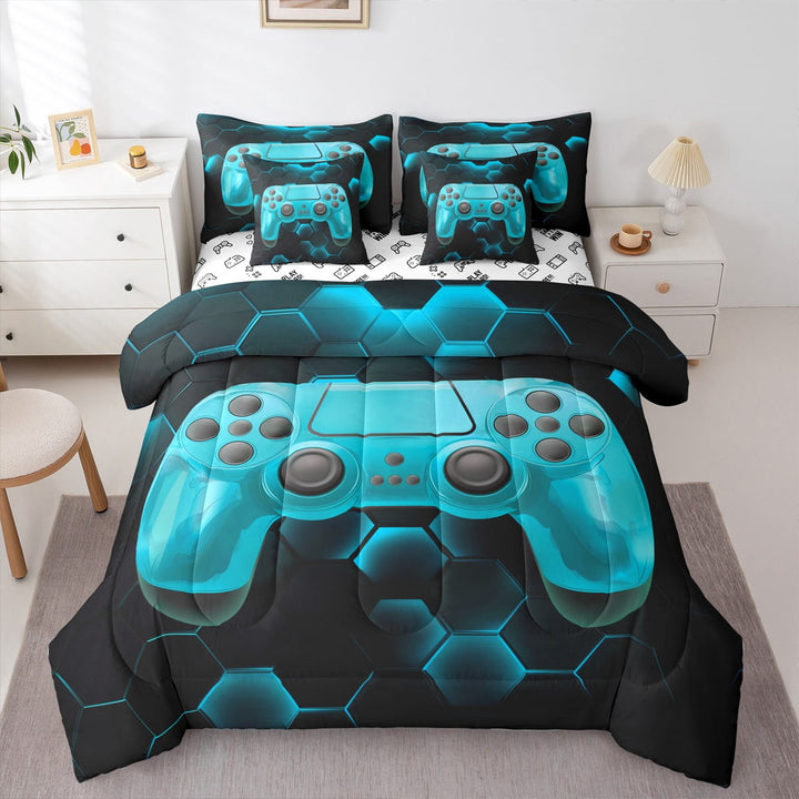 Erosebridal Vintage Gamepad Bedding Sets Twin Size, Neon Blue Comforter Sets with Sheets, Honeycomb Geometry Decor, Reversible