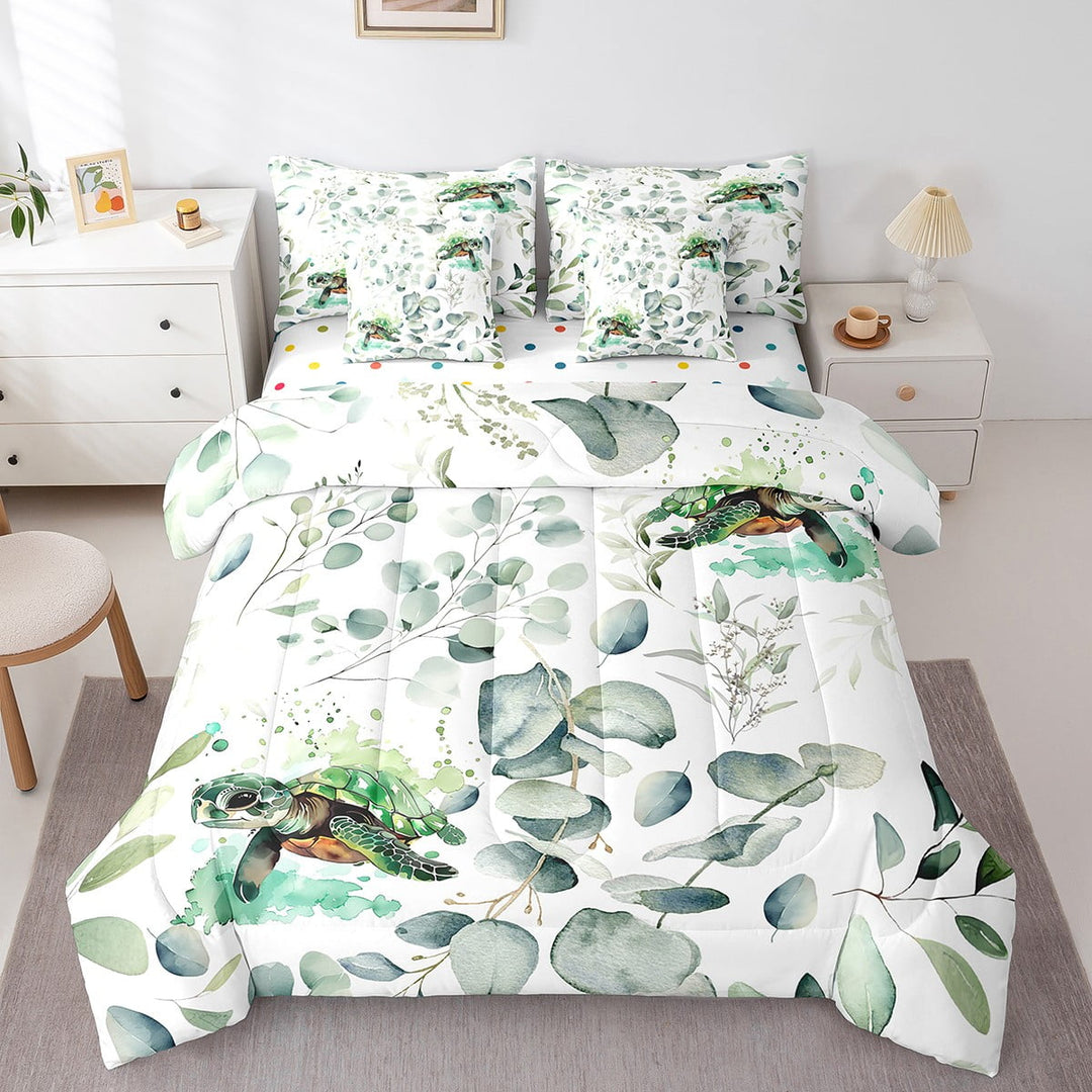 Cartoon Sea Turtle Twin Comforter Set 7 Pieces Ocean Wildlife Bedding Comforter Sets, Spring Bed in a Bag Eucalyptus Leaf Bedding Set, Marine Animal Theme Bed Sheets Set Room Decor