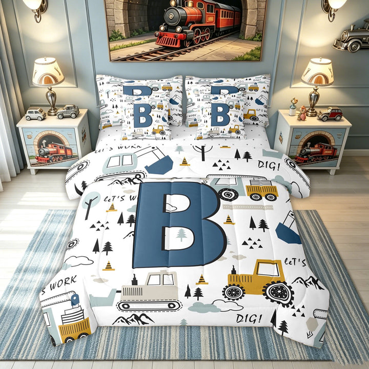 meiyoeat Construction Letter B Full Size Bedding Sets for Kids, Cartoon Truck Print Full Size Bed in a Bag for Kids, Blue, Reversible, 7-Piece