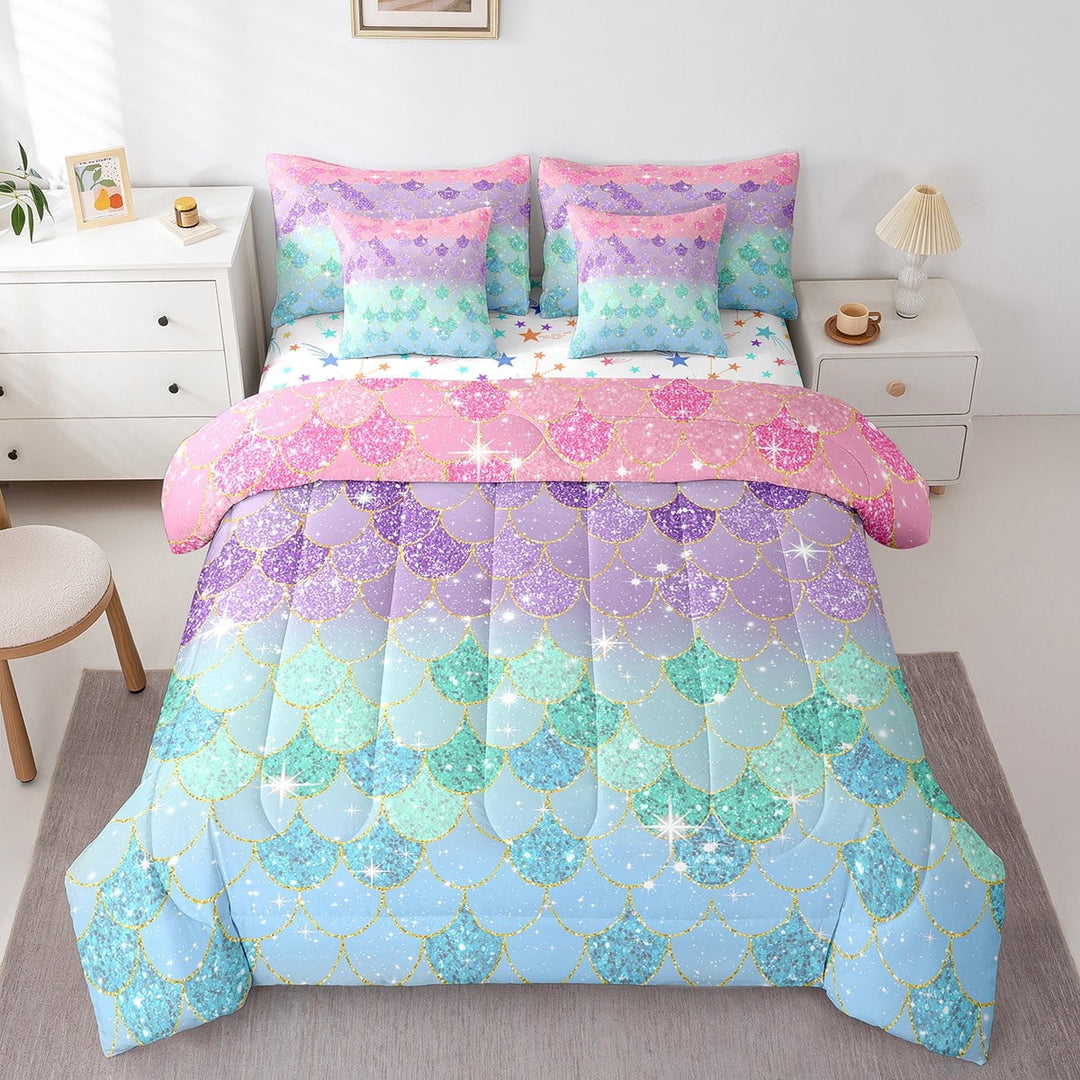 Erosebridal Glitter Fish Scale Bedding Sets Full Size, Watercolor Ombre Mermaid Comforter Sets with Sheets,, Reversible