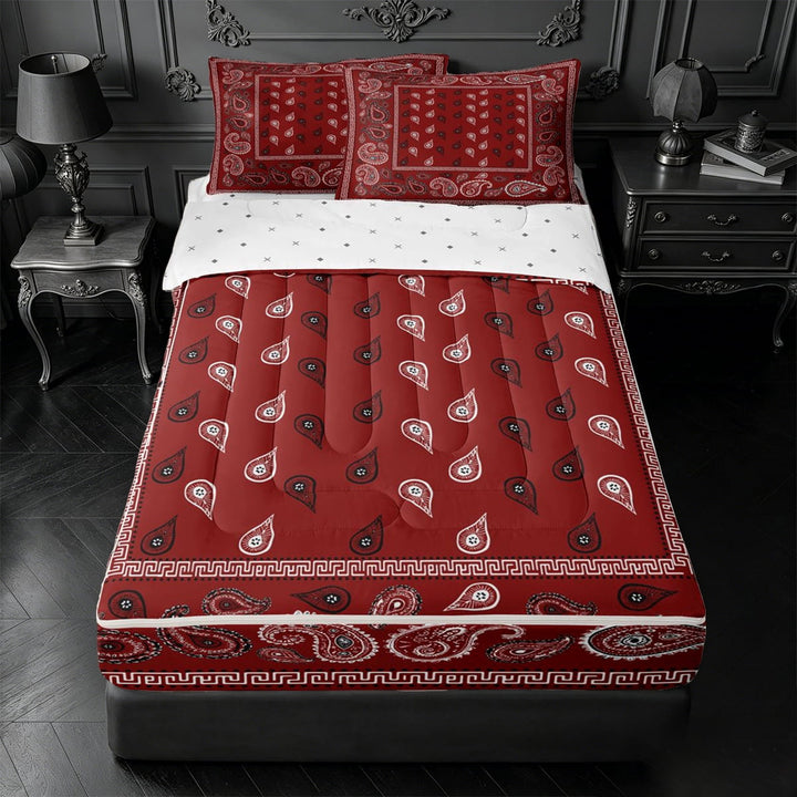 meiyoeat Red Paisley Print Zipper Full Size Comforter Sets with Fitted Sheet and 2 Pillowcases For Girls,Classic Boho Floral Zipper Bedding Set For Adults,Reversible,4-Piece