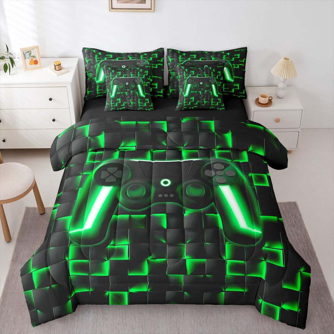 Gaming Full Bedding Sets 7 Pieces, Black Reversible, Neon Green Grid Bed in a Bag