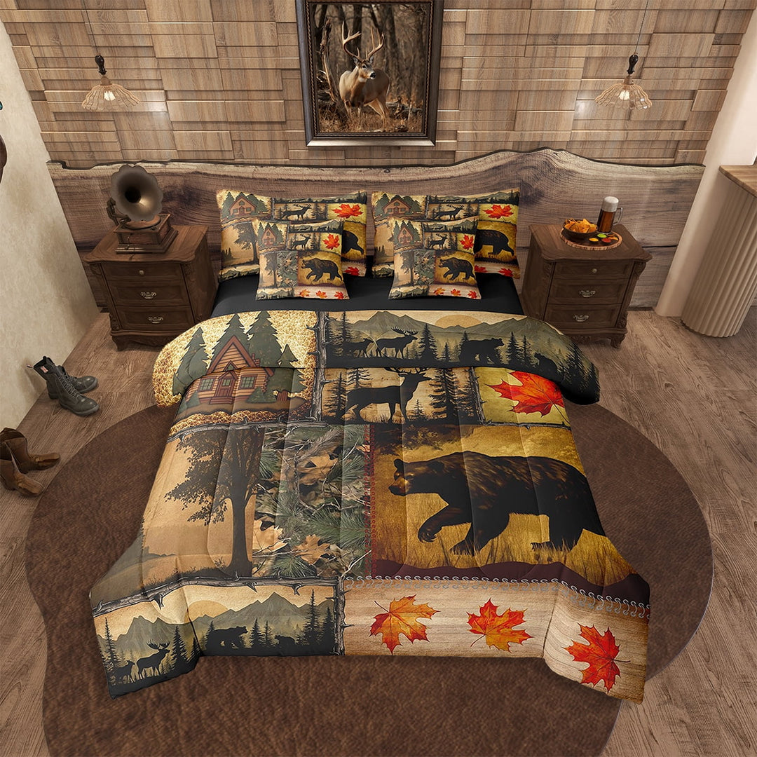 Erosebridal Rustic Farmhouse Comforter Set 7 Pcs Queen Size,Retro Cabin Lodge Bedding Set,Western Christmas Animals Bed in a Bag,Country Maple Leaves Dead Branches Bed Sheets,Woodland RV Quilt
