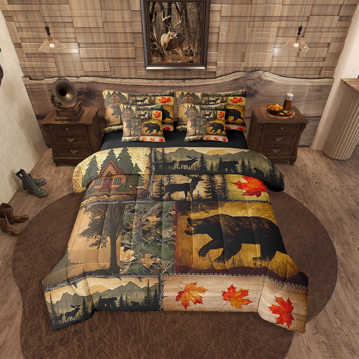 Erosebridal Rustic Farmhouse Comforter Set 7 Pcs Queen Size,Retro Cabin Lodge Bedding Set,Western Christmas Animals Bed in a Bag,Country Maple Leaves Dead Branches Bed Sheets,Woodland RV Quilt