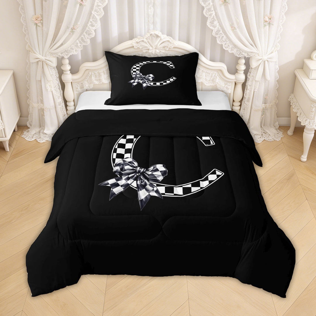 Erosebridal Black White Bow Letter C Twin Comforter Sets for Girls, Grid Ribbon Letter Bedding Set, Black Reversible, 2-Piece