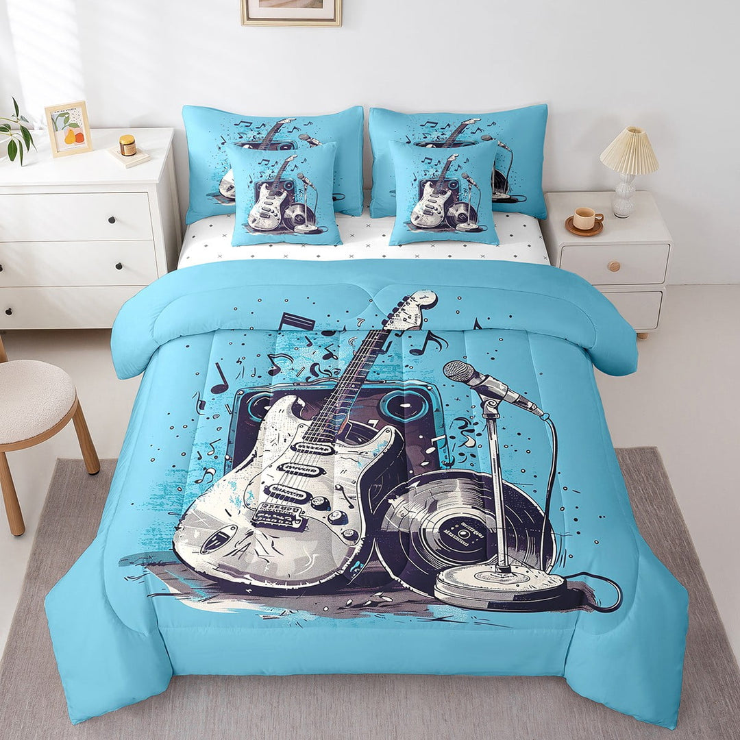 Electric Guitar Bed in a Bag Twin Comforter Set 7 Piece,Modern Acoustic Rock Music Bedding Sets Microphone Tape Musical Instrument Sheet Set with Comforter,Blue