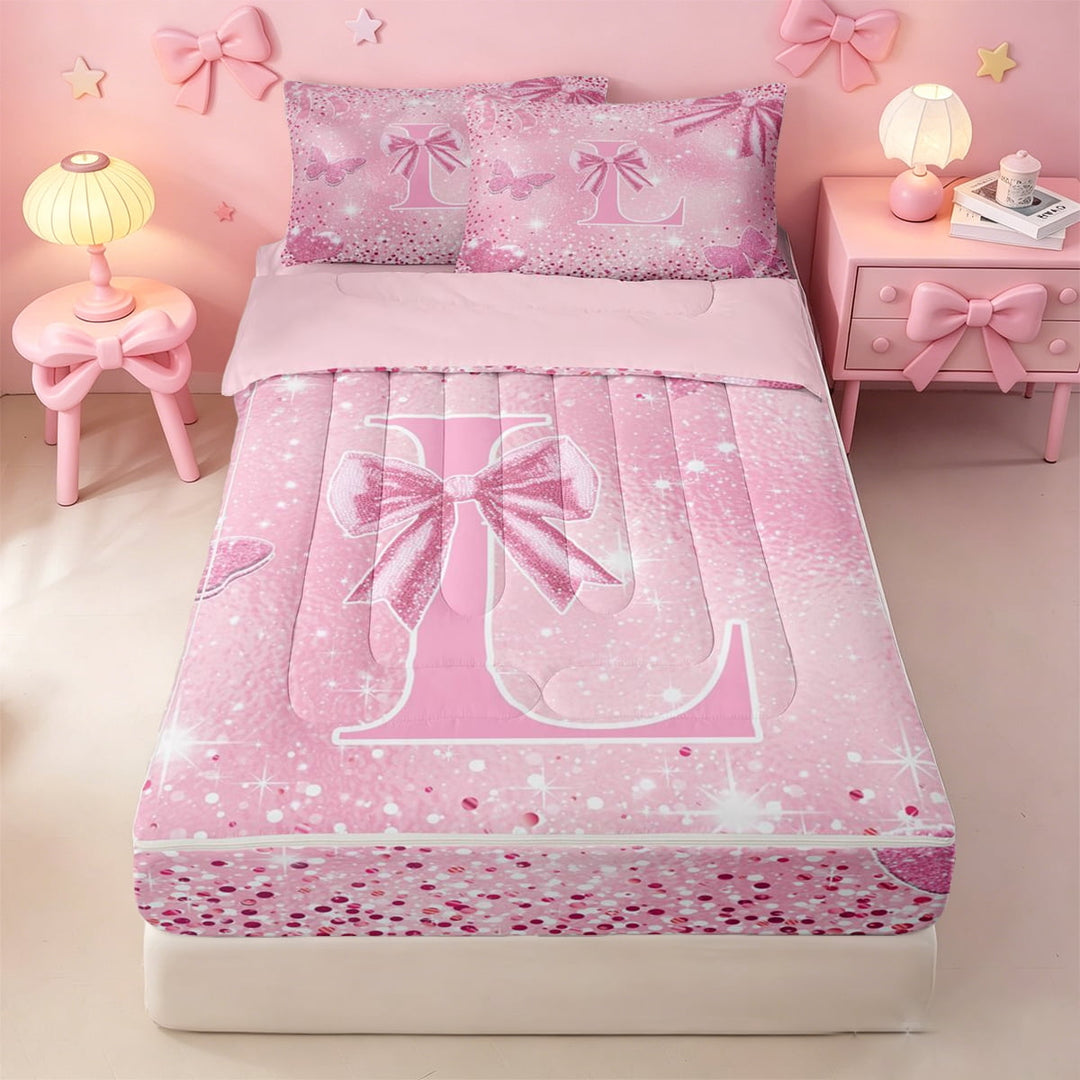 meiyoeat Sequin Print Loves Bow Zipper Twin Comforter Sets with Fitted Sheet and 2 Pillowcases,Pink Glitter Bowknot Polka Dots Print Zipper Bedding Set For Girl,Pink Reversible,4 Pieces