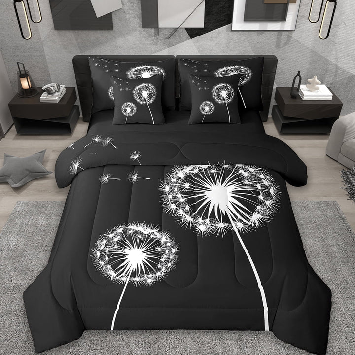 Erosebridal Dandelion Bedding Full Size,Floral Flower Comforter Sets With Sheets,Black White Bedding Sets Full Size, Ultra Soft Bedroom Decoration,7-Piece Reversible