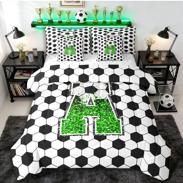 Erosebridal Gradient Green Letter Monogrammed A Twin Bedding Sets 7-Piece for Teens,Sport Soccer Hexagon Bedding Comforter Set for Boys Girls,Luxury Bedroom Decor