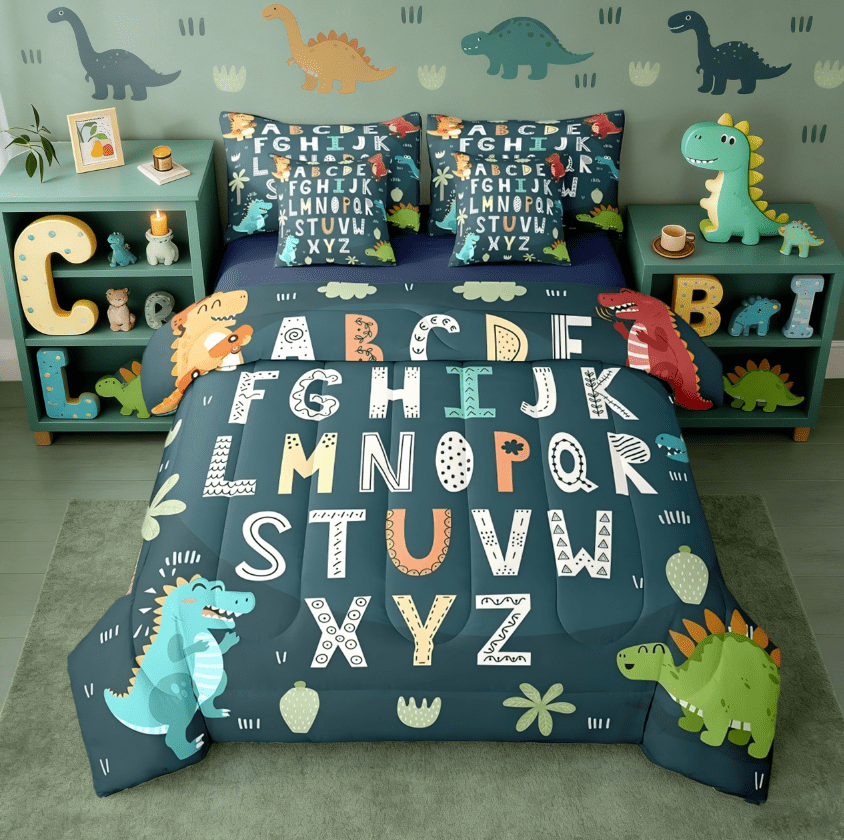 Manfei Alphabet Kids ABC Learning 7 Pieces Bedding Comforter Set,Cartoon Dinosaur Full Bedding Set For Boys Girls,Jungle Dino Duvet Reversible