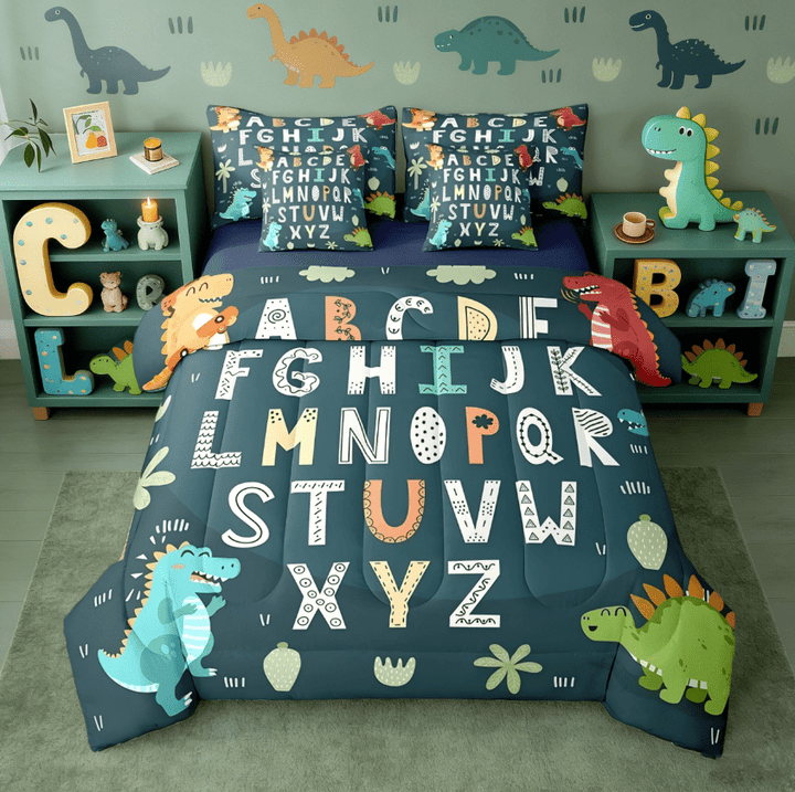 Manfei Alphabet Kids ABC Learning 7 Pieces Bedding Comforter Set,Cartoon Dinosaur Full Bedding Set For Boys Girls,Jungle Dino Duvet Reversible