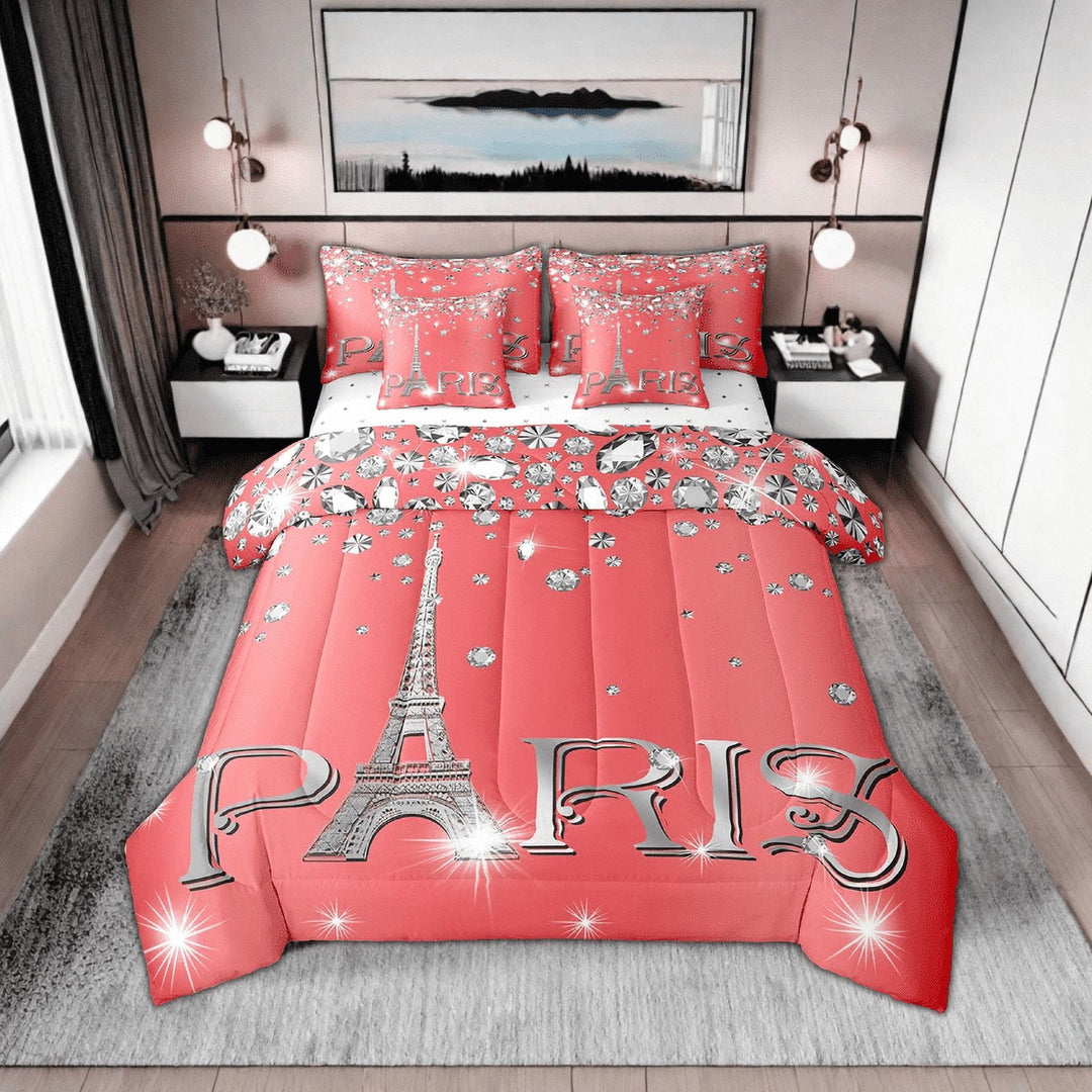 Erosebridal Red Paris Comforter Set Queen,Eiffel Tower Bed in A Bag 7 Piece,Girly Sparkles Diamond Bedding Sets,Glitter (Not Real)Sequins Reversible Bed Sets with Sheet Set
