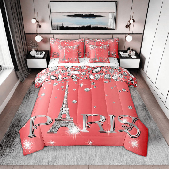 Erosebridal Red Paris Comforter Set Queen,Eiffel Tower Bed in A Bag 7 Piece,Girly Sparkles Diamond Bedding Sets,Glitter (Not Real)Sequins Reversible Bed Sets with Sheet Set
