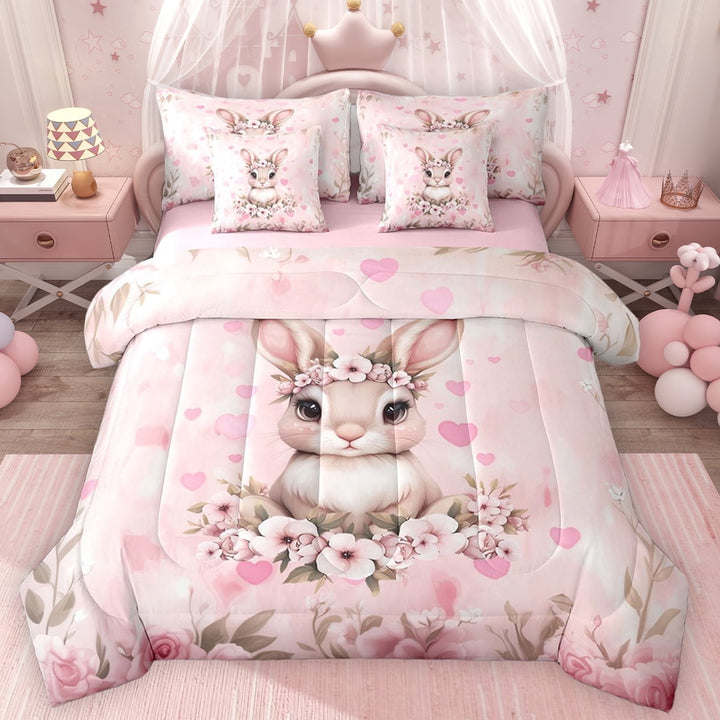 Erosebridal Girls Rabbit Twin Bedding Sets, Princess Pink Flower Floral Bedding Comforter Set, Pink Reversible, 7-Piece