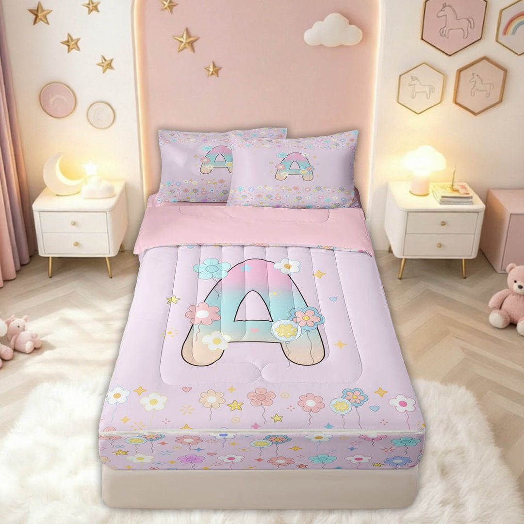 meiyoeat Floral Flower A Initial Rainbow Zipper Comforter Set with Fitted Sheet and 2 Pillowcases, Watercolor Galaxy Stars Zipper Bedding Set for Girls, Pink Reversible, 3pcs