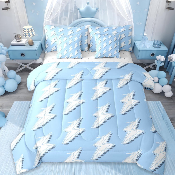 Erosebridal Lightning Light Print 7-Piece Twin Bedding Sets,White And Blue Bedding Comforter Set For Boys Kids,Reversible