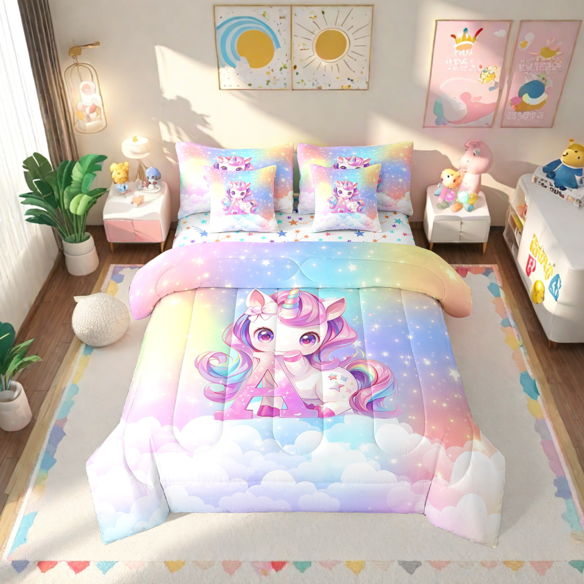 Erosebridal Cute Unicorn Bed In A Bag Full Size, Initial Printed A Bed Set, Rainbow Galaxy Bedding Full Size, Microfiber Bedroom Decorative,7Pcs Reversible