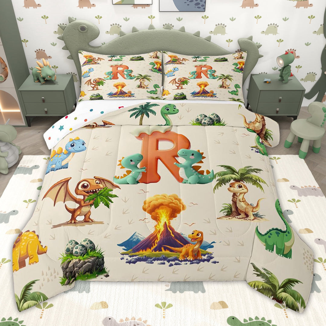 Erosebridal Dinosaur Letter R Twin Comforter Sets for Kids Boys Girls, Cartoon Dino Animals Bedding Set, Polka Dots Reversible, 2-Piece