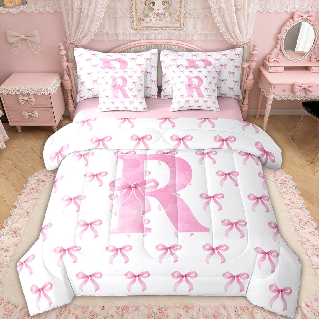 Erosebridal Pink Bow Letter R Twin Bedding Sets for Girls Women, Princess Bowknot Bedding Comforter Set, Pink Reversible, 7-Piece
