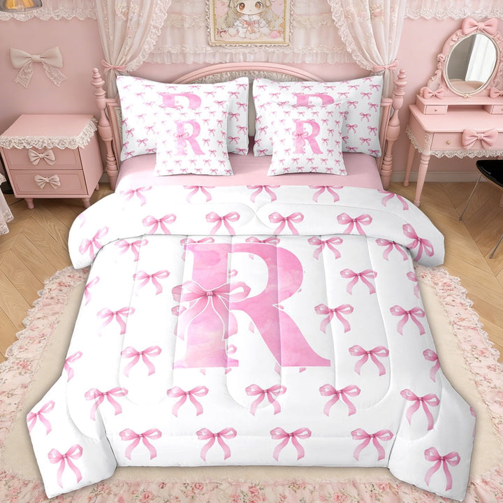 Erosebridal Pink Bow Letter R Twin Bedding Sets for Girls Women, Princess Bowknot Bedding Comforter Set, Pink Reversible, 7-Piece