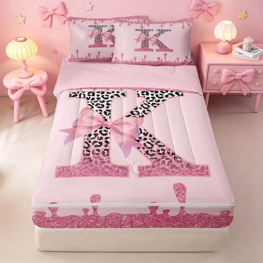 meiyoeat Pink Glitter Drip Print Zipper Full Size Comforter Sets with Fitted Sheet and 2 Pillowcases,Kawaii Bowknot Alphabet K Zipper Bedding Set For Girls,Pink Reversible,4pcs