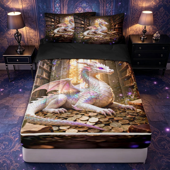 meiyoeat Magic Dragon Zipper Twin Comforter Sets with Fitted Sheet and 2 Pillowcases,Vintage Library Zipper Bedding Set,White Pink Gold,Reversible