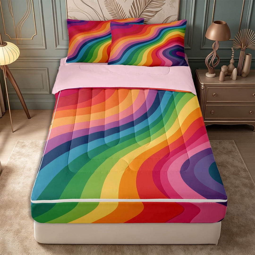 meiyoeat Flat Rainbow Wave Zipper Twin Comforter Sets with Fitted Sheet and 2 Pillowcases,Smooth Curved Striped Seamless Zipper Bedding Set,Bright Pastel,Reversible