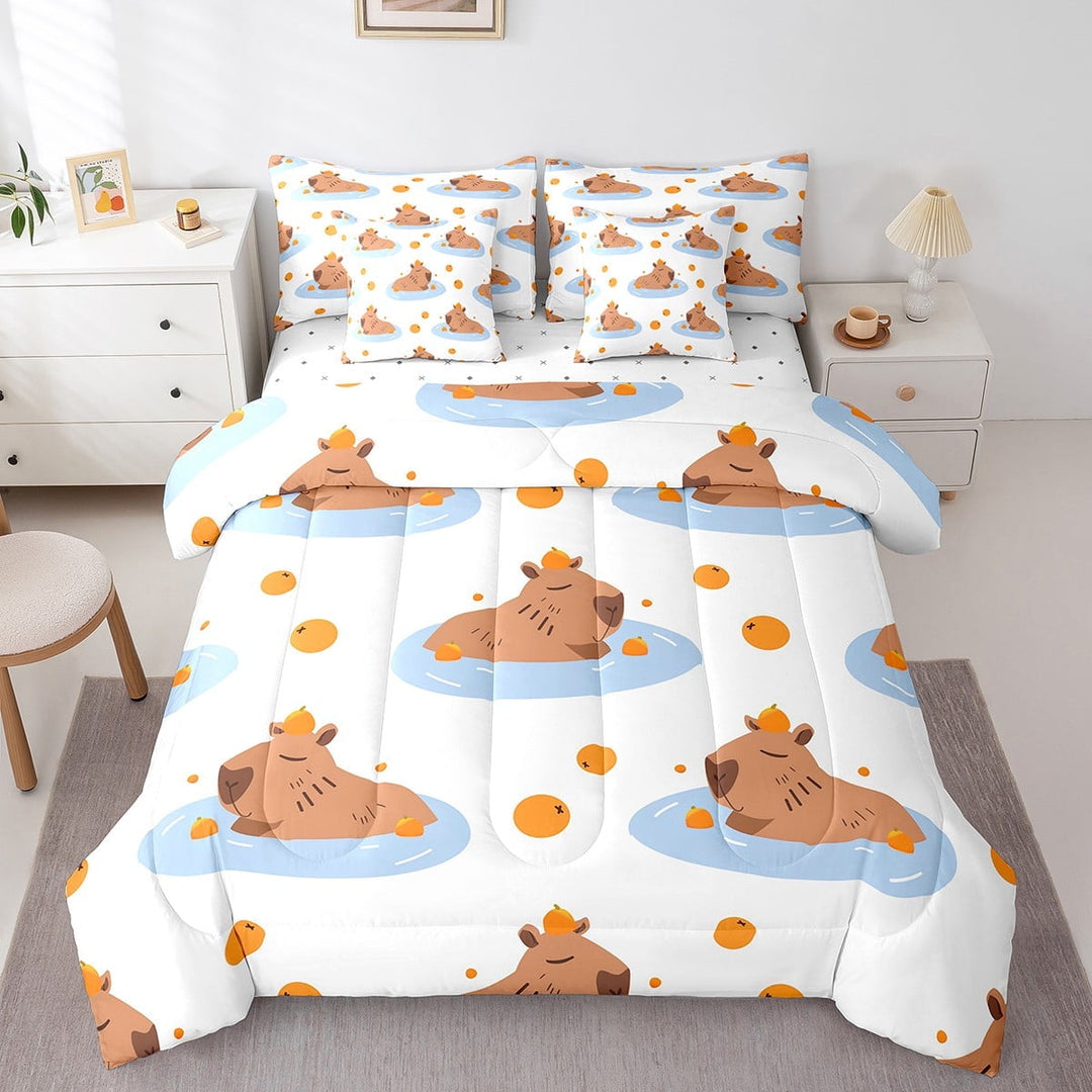 Capybara Bed in a Bag Queen Comforter Set 7 Piece,Kawaii Wild Animals Bedding Sets Cartoon Beaver Wildlife Lovely Pet Rodents Murine Anima Sheet Set with Comforter