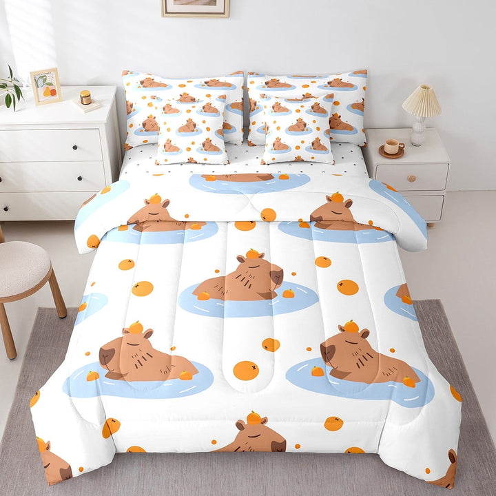 Capybara Bed in a Bag Queen Comforter Set 7 Piece,Kawaii Wild Animals Bedding Sets Cartoon Beaver Wildlife Lovely Pet Rodents Murine Anima Sheet Set with Comforter