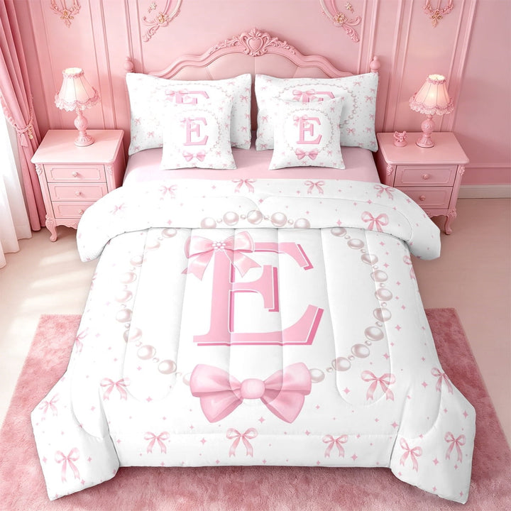 meiyoeat Girls Personalized Monogrammed Gifts 7 Pieces Full Size Bedding Sets For Bowknot Lovers,Kids Bow Alphabet E Print Full Size Bed in a Bag,Pink Reversible