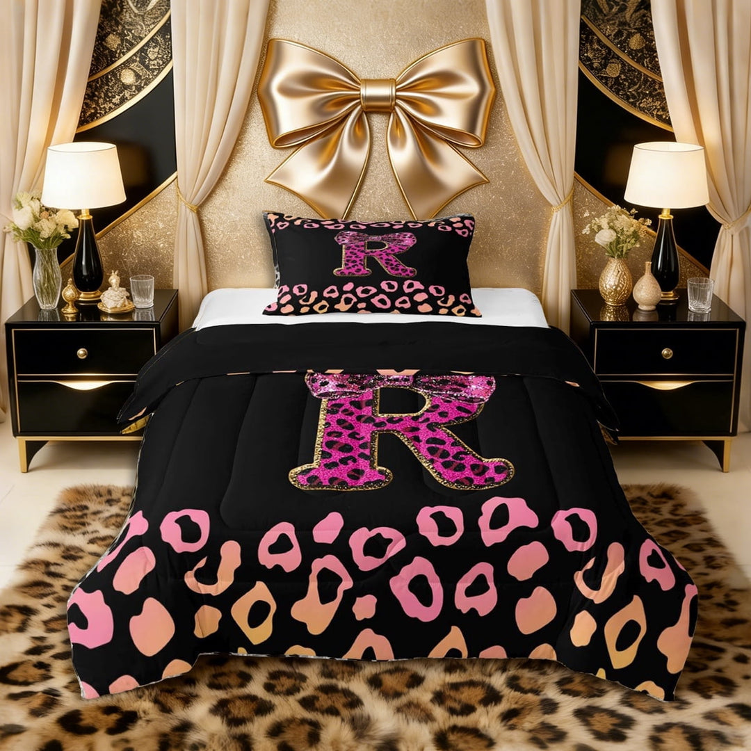 Erosebridal Personalized Initial R Twin Comforter Sets 3-Piece for Teens Women,Girls Cheetah Print Bow Knot Bling Glitter Print Bedding Set,Black Reversible,Microfiber Bedroom Decor