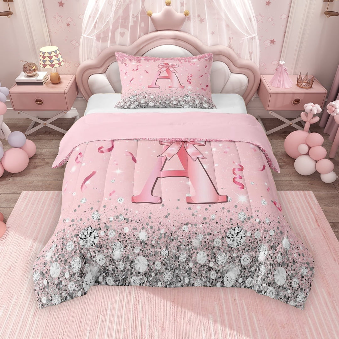 Erosebridal Dreamy Glitters Print Twin Comforter Sets for Girls, Pink Bling A Letter Bedding Set, Pink Reversible 2 Pieces, 1 Comforter and 1 Pillowcase