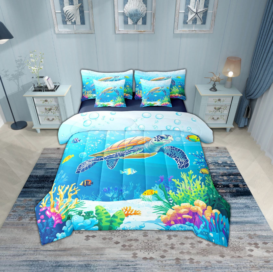 Erosebridal Teenager Sea Turtle Bedding Sets Twin Size,Underwater World Comforter Sets with Sheets,Microfiber Reversible Bed in a Bag Twin size,Sealife Room Decorative,7pcs