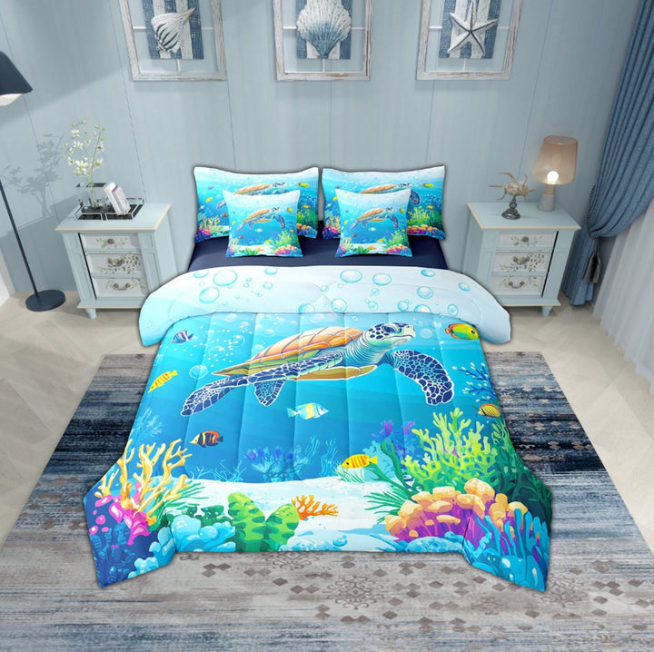 Erosebridal Teenager Sea Turtle Bedding Sets Twin Size,Underwater World Comforter Sets with Sheets,Microfiber Reversible Bed in a Bag Twin size,Sealife Room Decorative,7pcs