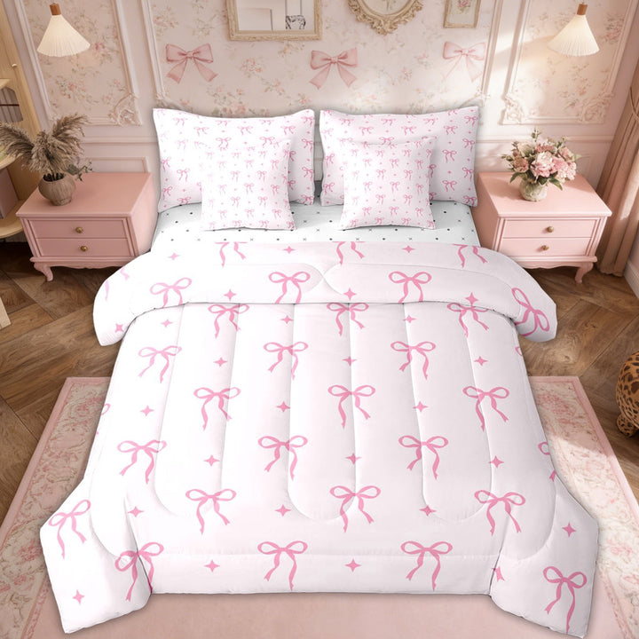 Erosebridal Kawaii Princess Bow Twin Bedding Sets, Girly Pink Stars Print Bedding Comforter Set, 7pcs
