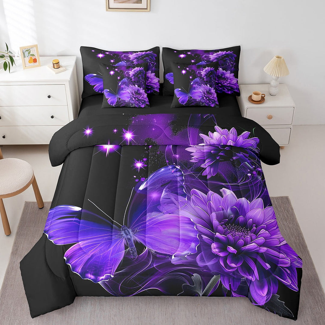 Purple Butterfly Bed in a Bag 7 Piece,Flower Botanical Bedding Sets Lavender Chrysanthemum Full Size Sheet Sets with Comforter,1 Flat Sheet,1 Fitted Sheet,2 Pillowcases,2 Throw Pillow Covers