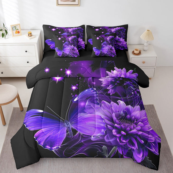 Purple Butterfly Bed in a Bag 7 Piece,Flower Botanical Bedding Sets Lavender Chrysanthemum Full Size Sheet Sets with Comforter,1 Flat Sheet,1 Fitted Sheet,2 Pillowcases,2 Throw Pillow Covers