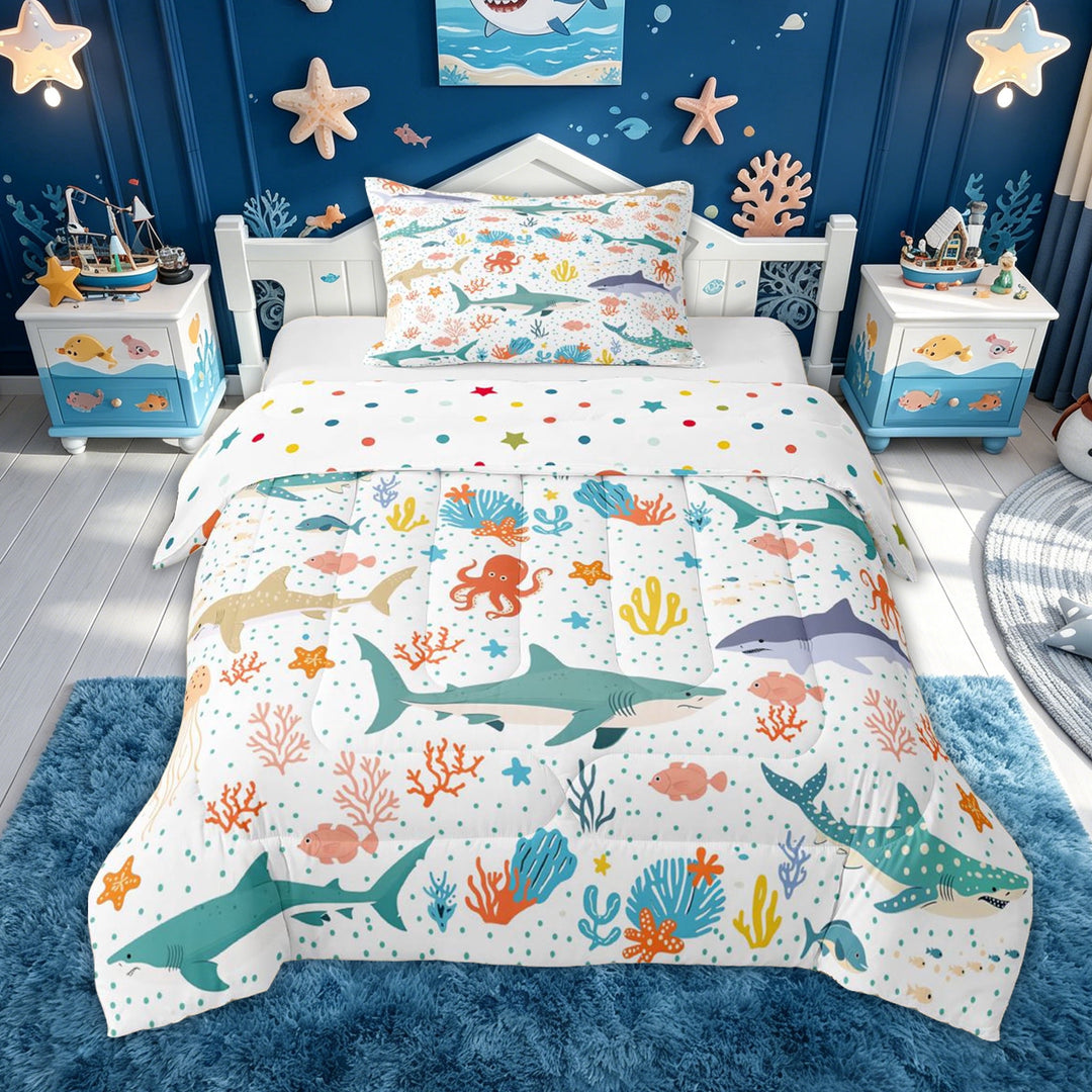 meiyoeat Playful Shark Octopus Full Size Comforter Sets for Kids Boys, Ocean Animal Bedding Comforter Set for Bedroom, Multicolor, Polkadot Reversible, 3pcs