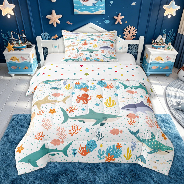 meiyoeat Playful Shark Octopus Full Size Comforter Sets for Kids Boys, Ocean Animal Bedding Comforter Set for Bedroom, Multicolor, Polkadot Reversible, 3pcs
