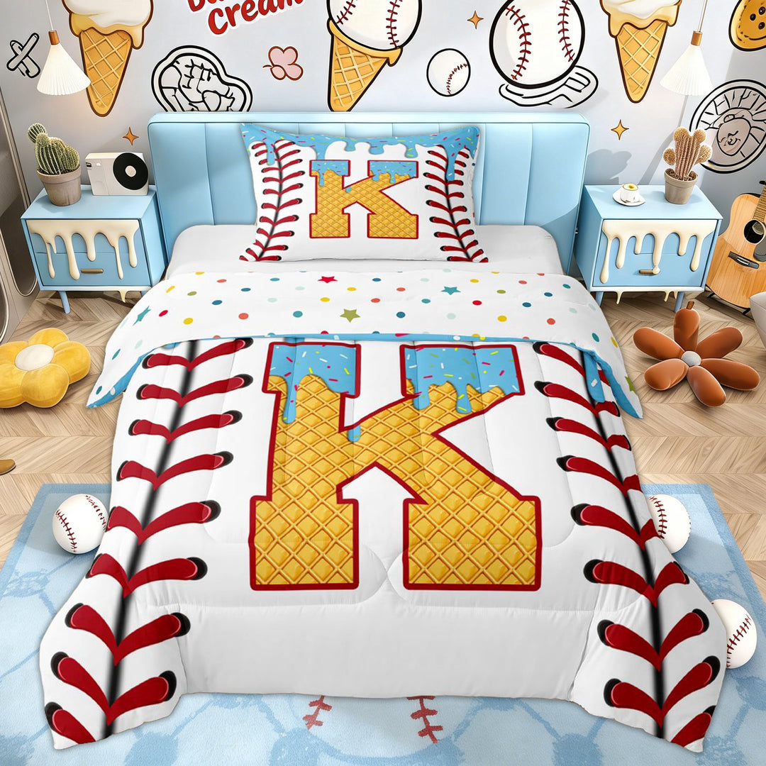 Erosebridal Kid Blue K Letter Twin Comforter Sets, Ice Cream Baseball Bedding Set, 2-Piece
