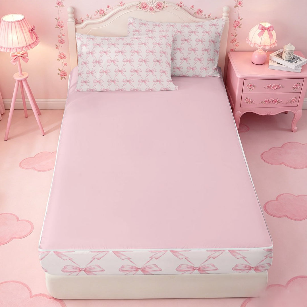 meiyoeat Pink Coquette Bows Zipper Twin Comforter Sets with Fitted Sheet and 2 Pillowcases For Girls,Dreamy Princess Bowknot Zipper Bedding Set For Kids,Pink Reversible,4-Piece