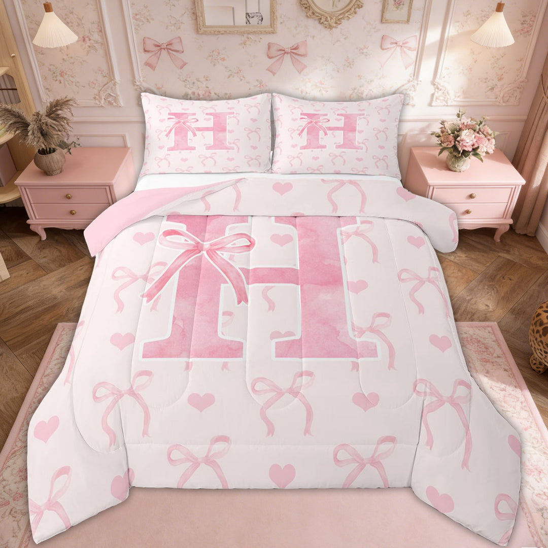 Erosebridal Kawaii Bowknot Bedding Sets Full with Comforter, Initial H Duvet Insert, Romantic Initial A-Z Decor, Reversible