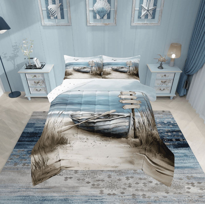 Erosebridal Sea Boat Comforter Sets Queen Size,Marine Beach Bedding Queen Comforter Set,Ocean Theme Decoration,Reversible,Super Cozy,3-Piece