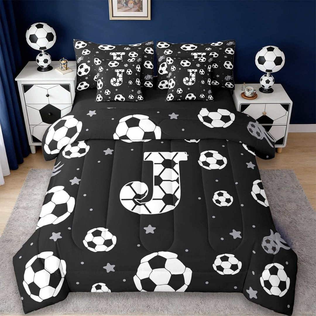 Erosebridal Football Sport Games Kids 7-Piece Twin Bedding Sets,First Letter J Bedding Comforter Set For Soccer Gamer,Reversible Black