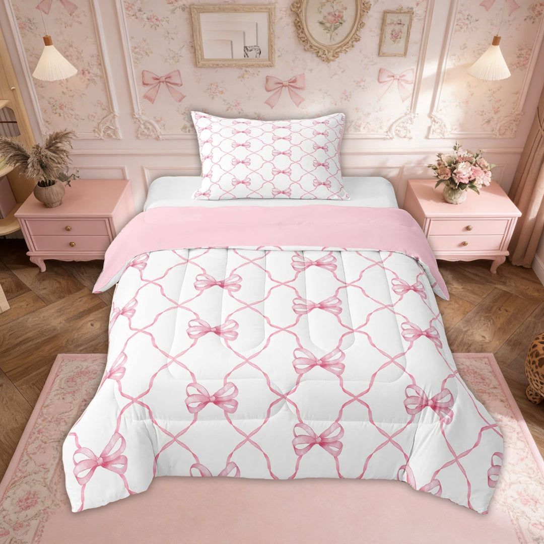 Pink Bow Down Comforter Cute Bowknot Twin Bedding Set Grids Ribbon Bow Comforter Set Kawaii Watercolor Bow Tie Bed Set Teen Women Room Decor 2 Pcs