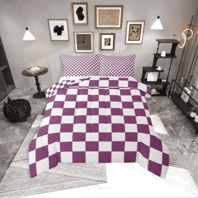 Erosebridal Purple Checkered Bedding Set White Lavender Buffalo Plaid Grid Comforter Set Twin,Checkerboard Quilt Set Geometrical Gingham Bed Set Modern Room Decor
